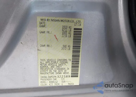 2015 Nissan Altima 2.5/2.5 S/2.5 Sl/2.5 Sv из США, поврежденный, VIN 1N4AL3AP1FN322589